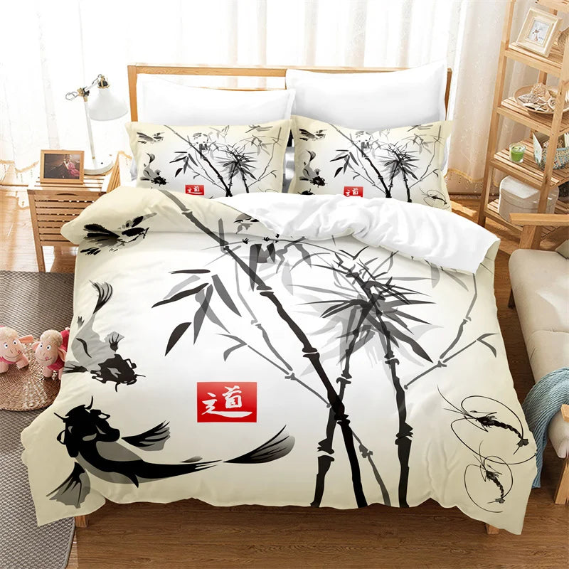 Set navlake za poplun s motivom bambusa u kineskom stilu, posteljina za mlade, platneni set navlake za poplun za krevet Queen Size, moderan set posteljine