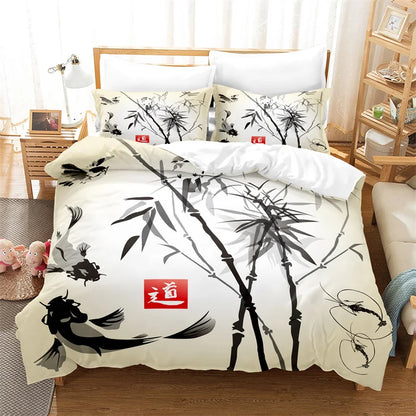 Set navlake za poplun s motivom bambusa u kineskom stilu, posteljina za mlade, platneni set navlake za poplun za krevet Queen Size, moderan set posteljine