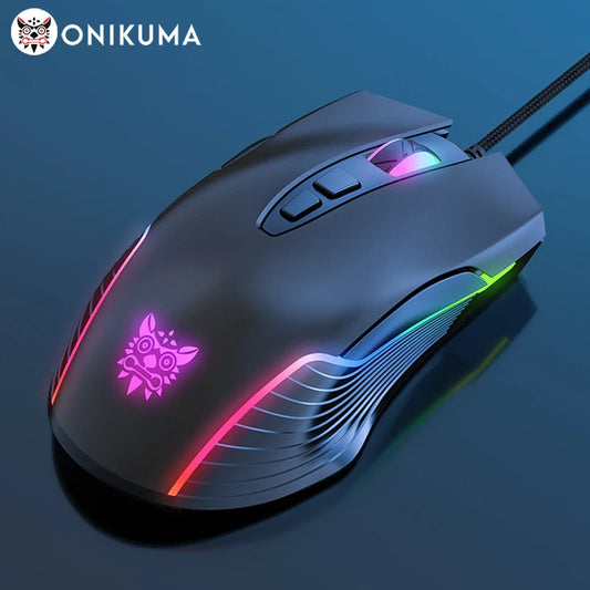 ONIKUMA langallinen pelihiiri, 6 säädettävää tasoa, 6400 DPI, 7 ohjelmoitavaa painiketta, 7 RGB-valaistustilaa, ergonominen hiiri PC-pelaajalle
