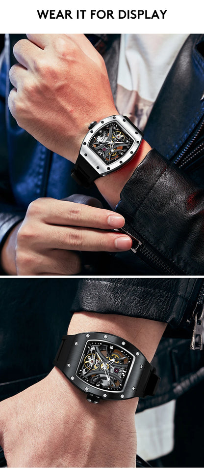 Luxury Automatic Watch Men Sports Barrel Skeleton Design Mechanical Movement Silicone Strap 5 ATM Waterproof Watches