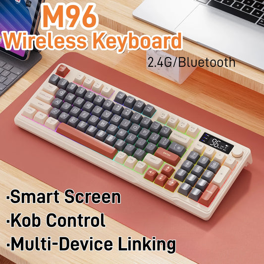 FREEWOLF M96 Wireless Keyboard with Smart Screen, Bluetooth & 2.4G Dual-Mode Gaming Keyboard, Multi-Device Ergonomic Mechanical-Style Keyboard with RGB Backlight
