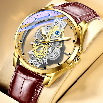 Modny zegarek męski, model z podwójnym otwieraniem, luksusowy złoty styl, imitacja mechanicznego tourbillonu, mechanizm kwarcowy.
