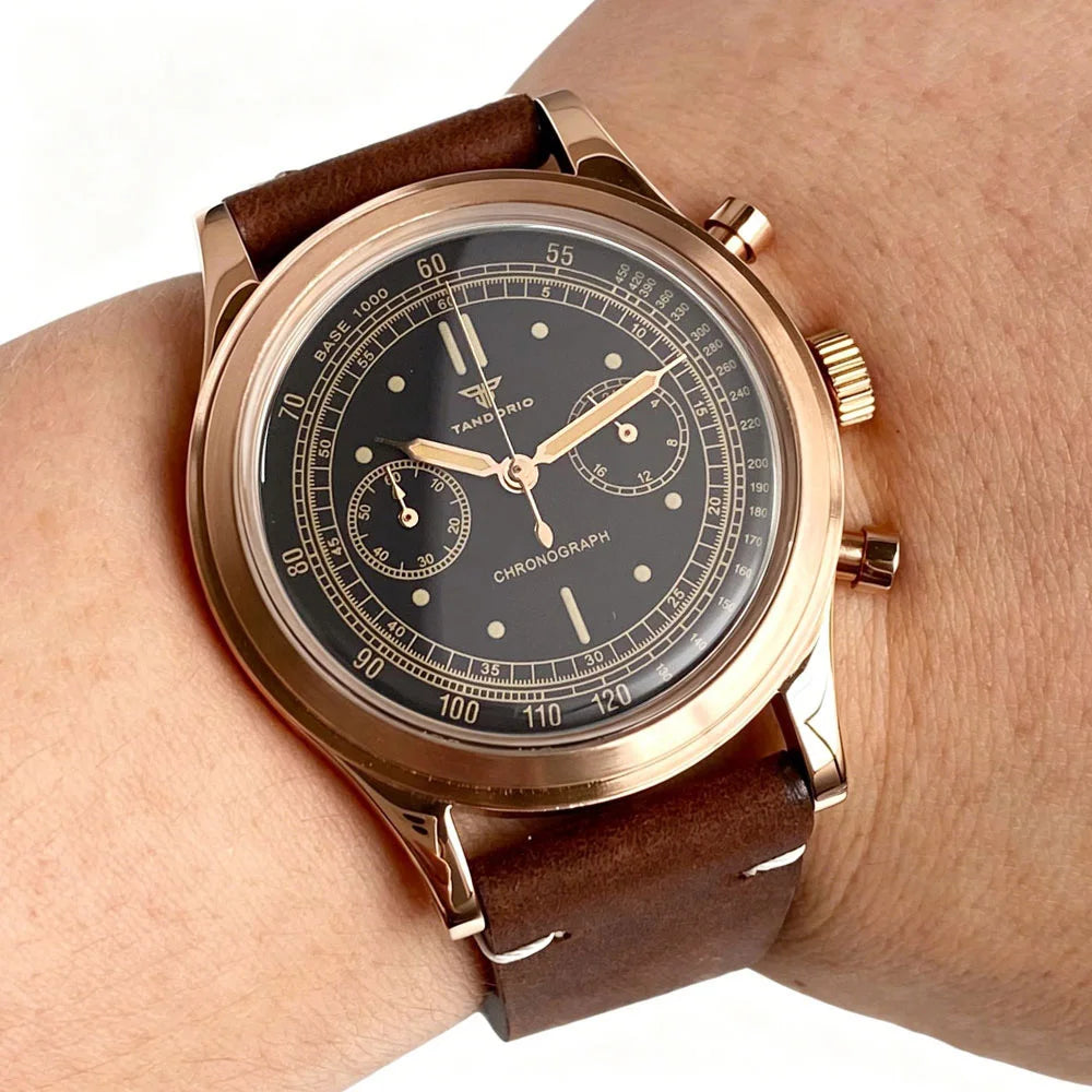 38mm Tandorio Retro Men's Watch Sport Watches Miyota OS20 Movement Chronograph Quartz Clock Black Dial Bubble Arched Glass