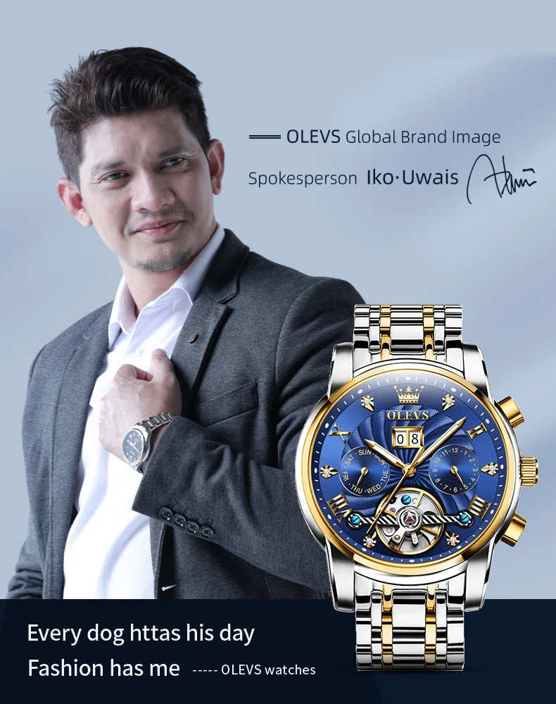 OLEVS 9910 Pánské hodinky Originální luxusní značka Vodotěsné Světélkující Automatické mechanické hodinky Hodinky s dvojitým kalendářem Krabička na hodinky Reloj