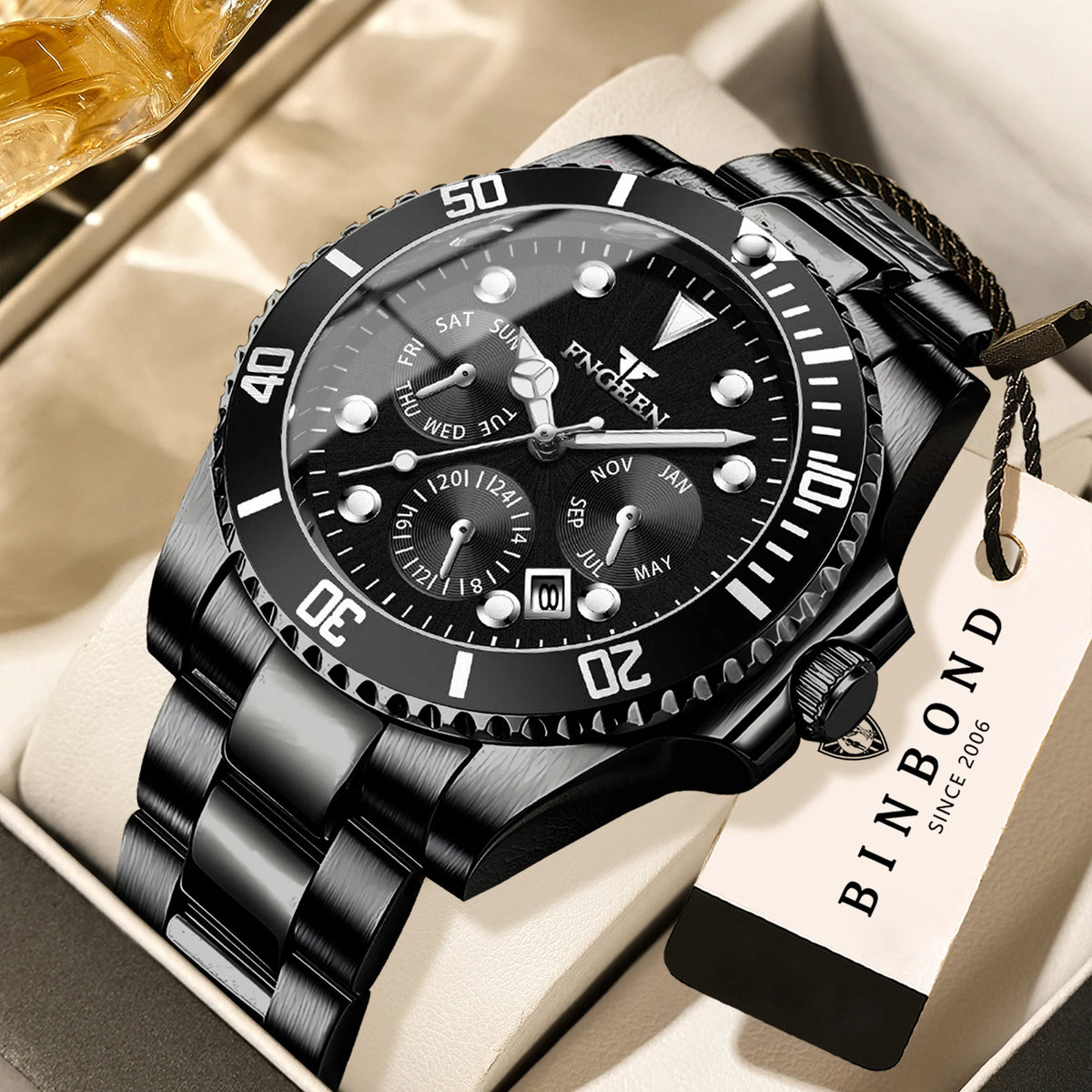 BINBOND luxury quartz watch for men: accurate, with automatic date display, luminous, water-resistant, ideal for sport, business and leisure. Sturdy and durable.