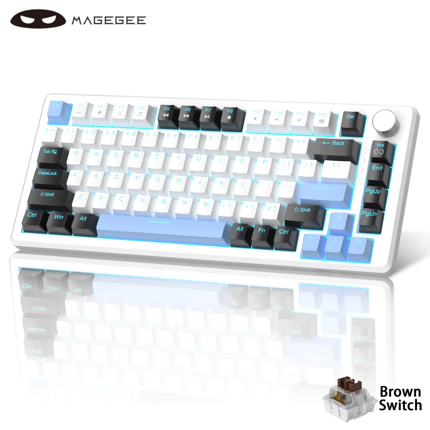 MageGee 75% Mechanical Gaming Keyboard with Knob Control, Wired Mechanical Gaming Keyboard with Blue Backlit, Red/Yellow Switch Gaming Keyboard for PC Windows