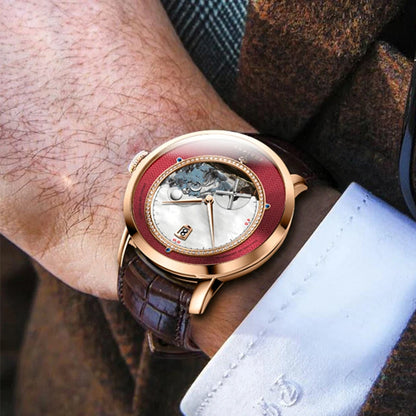 PONIGER Sapphire Crystal Glass Wrist Watch Painting Dial Man Leather Automatic Wristwatch MIYOTA 8219