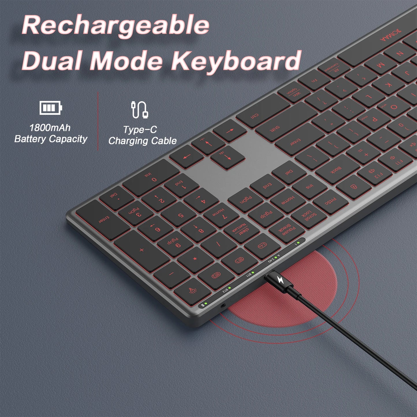 Jomaa Wireless Bluetooth Keyboard Multi-Device Full Size Wireless Backlight Keyboard with Number Pad,for Windows/PC/Laptop/Phone