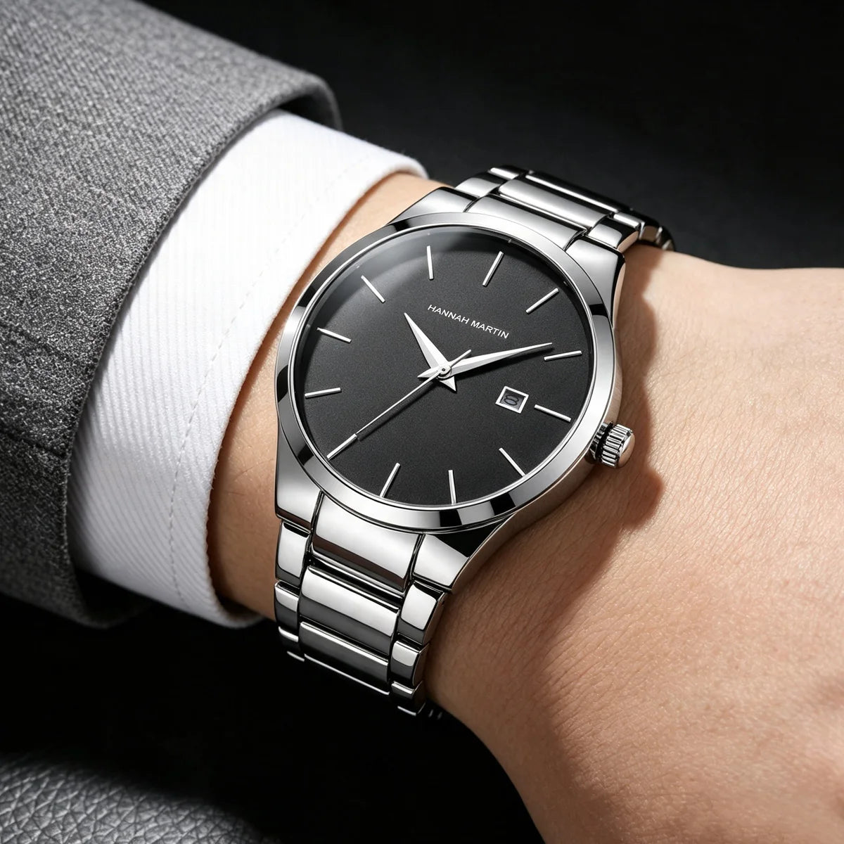 Zegarek męski Hannah Martin, koperta ze stali nierdzewnej, mechanizm kwarcowy, tarcza o średnicy 41 mm, styl biznesowy, z funkcją kalendarza (imitacja)