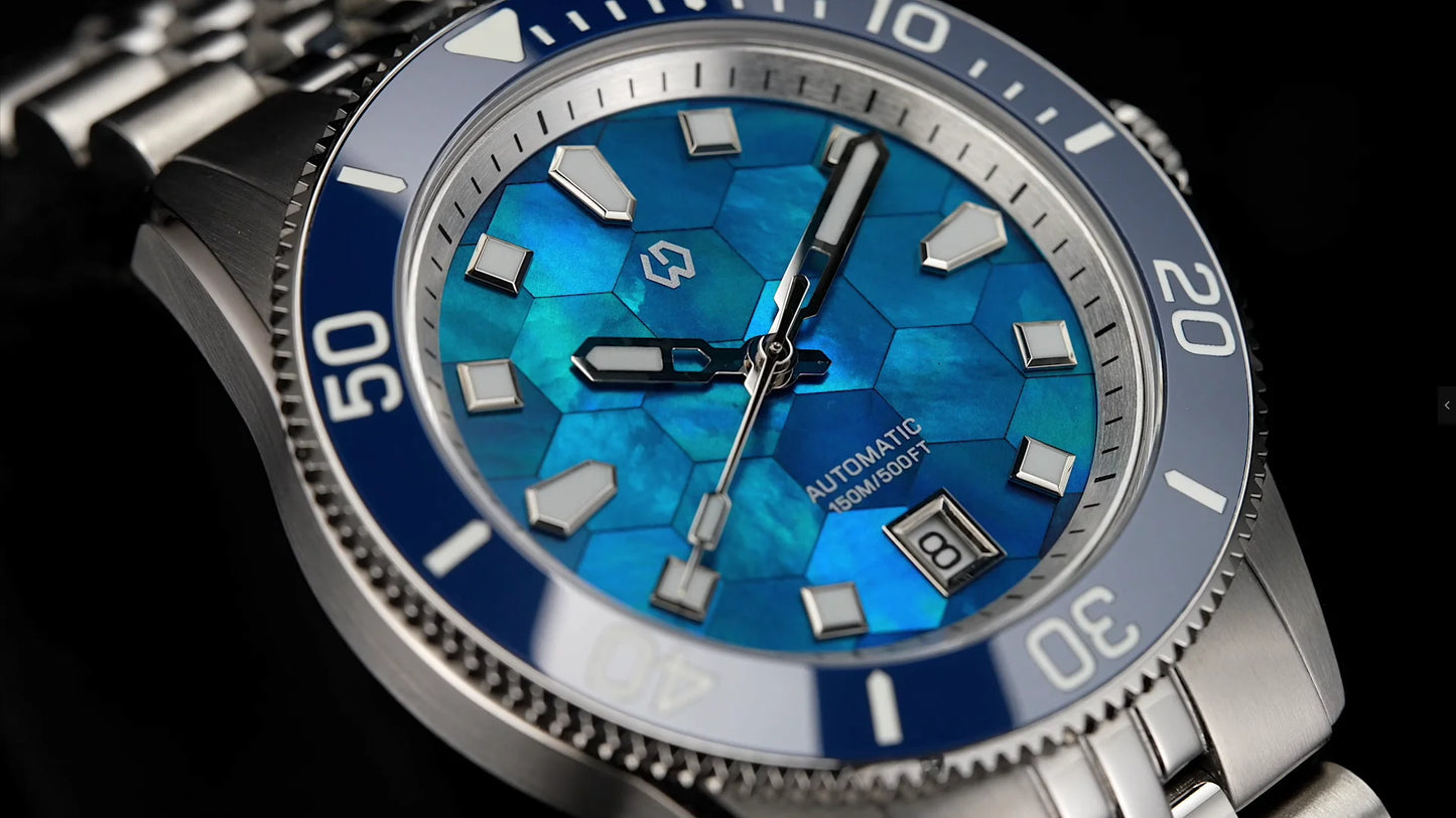 WISHDOIT Automatic Mechanical Watch Miyota 8215 Movement Mother of Pearl Dial Ceramic Bezel Waterproof 150M Diving Watch