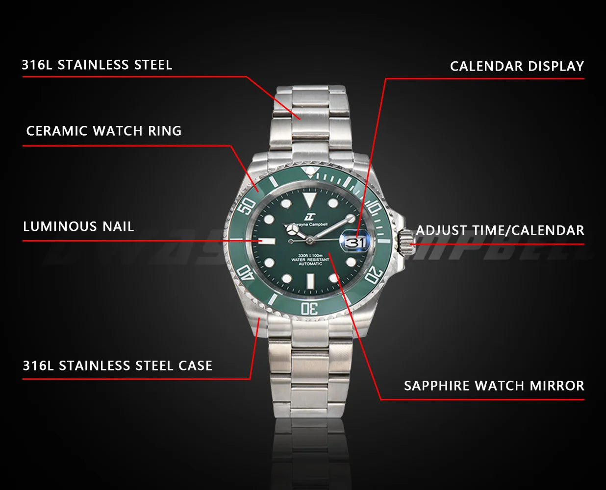 DWAYNE CAMPBELL Top Luxury NH35 Men's Automatic Mechanical Watch Waterproof Luminous Sapphire Glass Classic Business Wristwatch