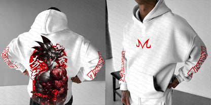 Dragon Ball Z Goku weißes Hoodie- und Hosen-Set für Herren und Damen, zweiteiliges Outfit mit Anime-Charakter-Print, rotem Logo und Super Saiyan