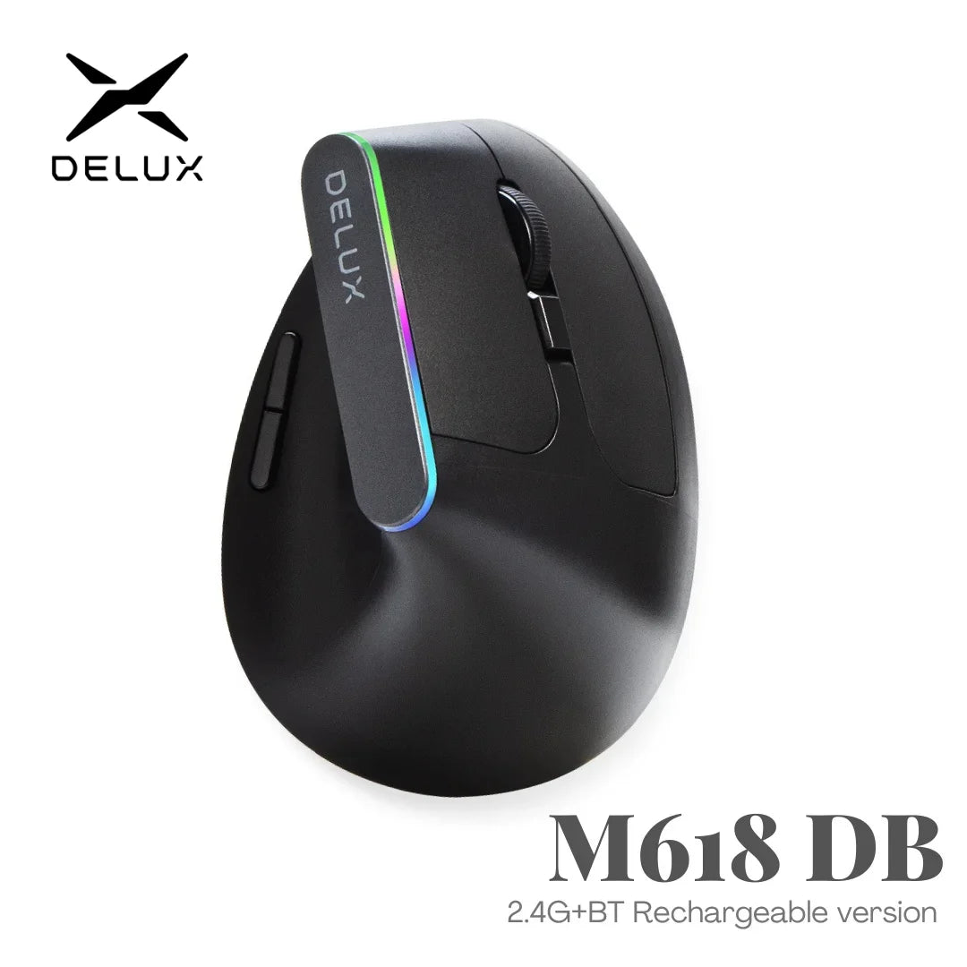 Delux Ergonomic Vertical Mouse Rechargeable Wireless Bluetooth RGB Mouse, 4000 DPI Silent Ergonomic Vertical Mouse for Laptop, PC & Gaming