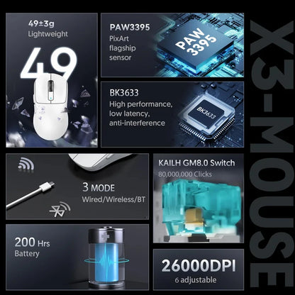 ATTACK SHARK X3 Pro Wireless Gaming Mouse, Tri-Mode Bluetooth & 2.4GHz PAW3395 26000 DPI Lightweight Gaming Mouse with 4KHz Polling Rate