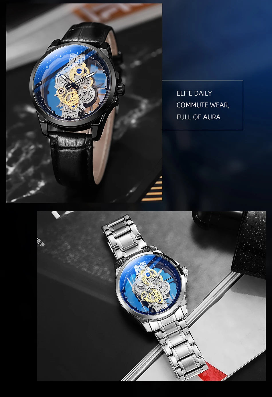 TPW Hot Trendy Fashion Wholesale Men Golden Black Blue Skeleton NOT Automatic Watch Quartz Wrist Watches Luxury 2024