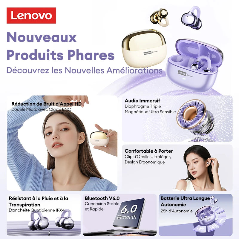 Lenovo LE302 Wireless Bluetooth 6.0 Headset Long Battery Life Sports Ear Clip Earphones HIFI Stereo Noise Cancelling Headphones