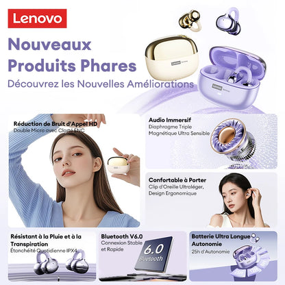 Lenovo LE302 Wireless Bluetooth 6.0 Headset Long Battery Life Sports Ear Clip Earphones HIFI Stereo Noise Cancelling Headphones