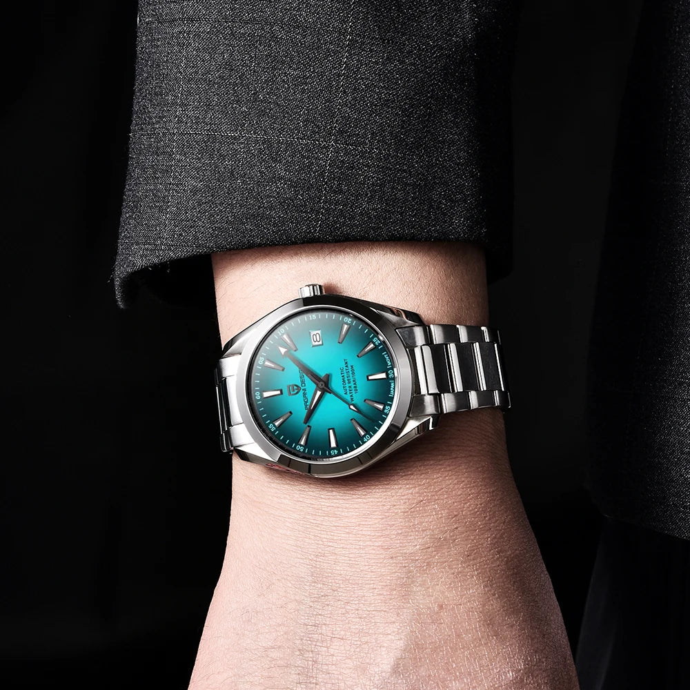 Relógio de luxo para homem PAGANI DESIGN – Modelo automático mecânico (calibre 8215), em aço inoxidável, estanque, com indicador de data e ponteiros luminescentes