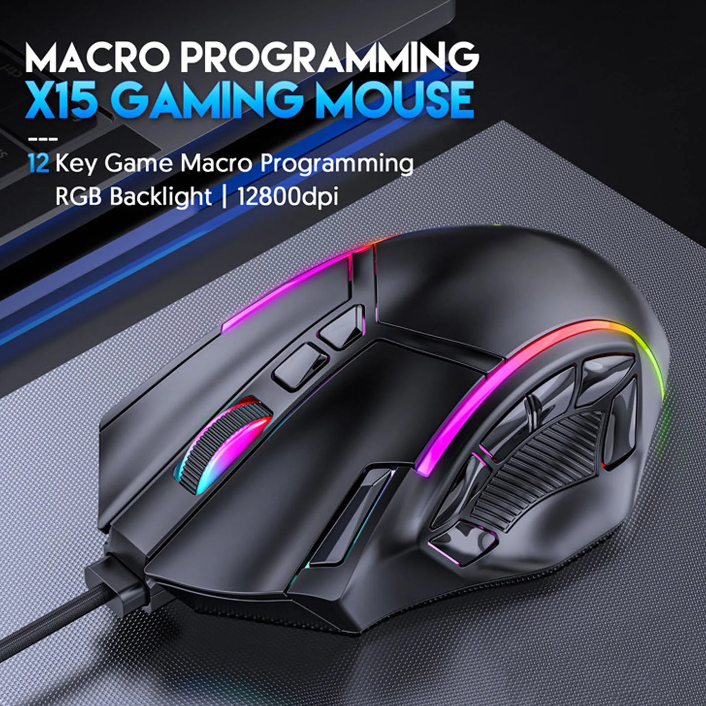 Ενσύρματο RGB Gaming Mouse 12800DPI με 12 Πλήκτρα, Ορισμό Macro, Ανταλλακτικά Αξεσουάρ Υπολογιστή, Φωτοηλεκτρική Λειτουργία