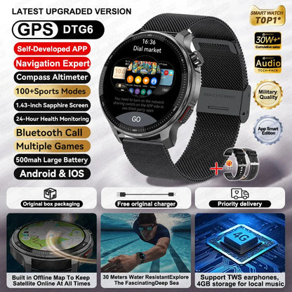 New 4GB Storage Smart Watch GPS Offline Map Local Music Video 200+Custom Dial Swim Outdoor Sport Explosion-proof Military Watchs