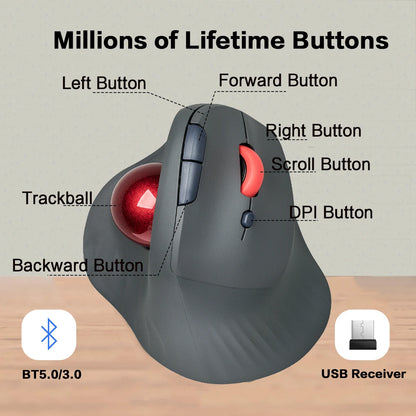 JOMAA Wireless Trackball Mouse, Ergonomic Vertical Rechargeable Bluetooth Trackball Mouse with USB Receiver, Silent Click, Multi-Device Mouse for Windows, Mac & Android