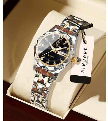 Montre pour femme BINBOND : montre à quartz robuste, luxueuse, luminescente et étanche, dotée d'un affichage précis de la date et du jour de la semaine.