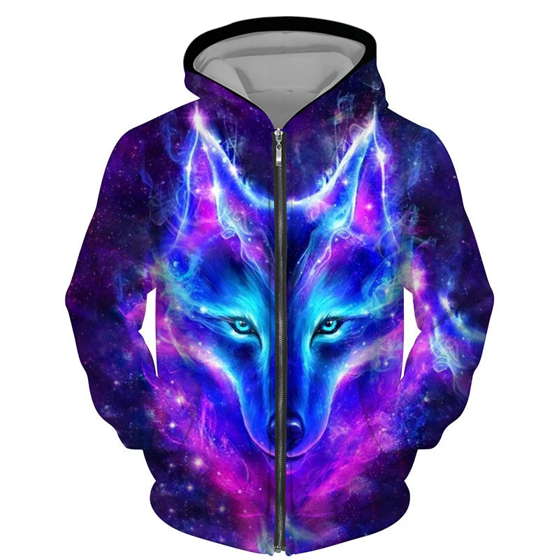 Sweat à capuz com fecho e estampado 3D de lobo, estilo streetwear, para homem/mulher, casaco com capuz unissexo casual hip-hop