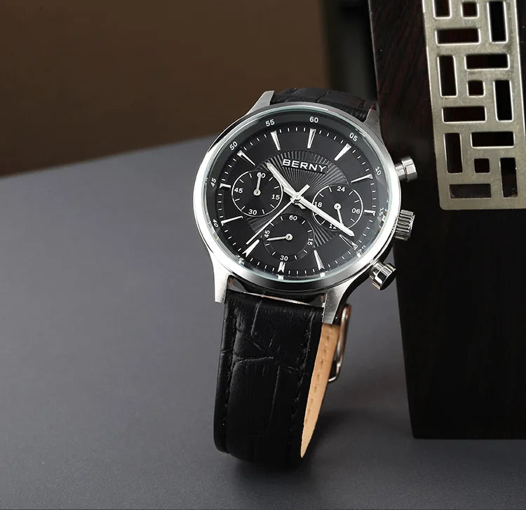 BERNY 24H Chronograph Watch for Men Luxury VD54 Watches Fashion Waterproof Genuine Leather Strap Quartz Sport Men's Wristwatch