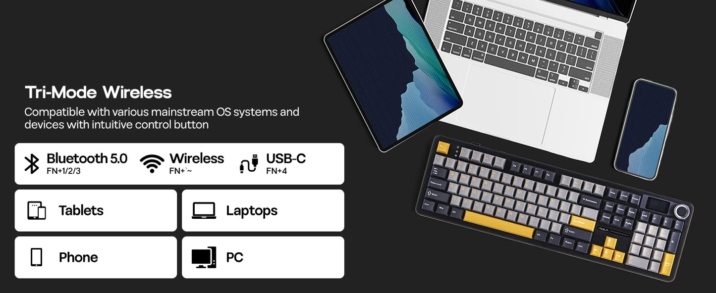 AULA F108 PRO Wireless Mechanical Keyboard 3 Mode RGB Backlit Gaming Keyboard With Screen 8000mAh Battery 104 Keys Hot Swappable
