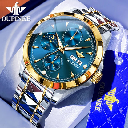 OUPINKE 3299 Automatic Man Watch Exclusive Dual Calendar Luxury Mechanical Wristwatches Moon Phase Waterproof Chronogprah Watch