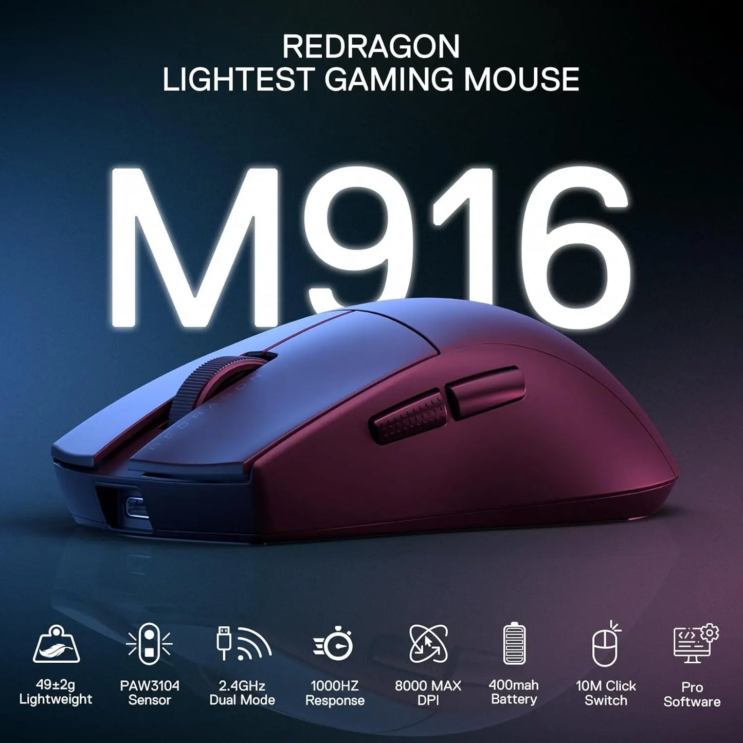 Mouse da gaming wireless Redragon M916, ultraleggero 49G, 8K DPI, 2.4G, con struttura ergonomica a presa naturale