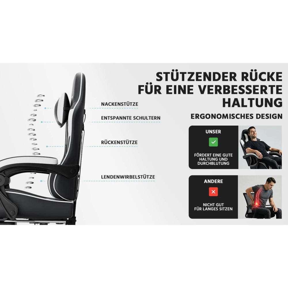 Ergonomic Gaming Chair with Lumbar Support, Comfortable PU Leather Computer Chair, Adjustable Office Gaming Chair with Breathable Design
