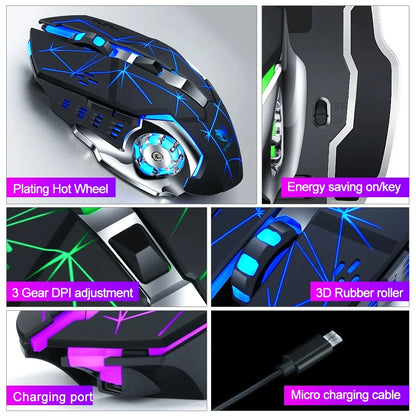Rechargeable Wireless Gaming Mouse with RGB Backlit, Silent Click, Ergonomic Optical Wireless Mouse for PC, Laptop & Desktop, 2400 DPI