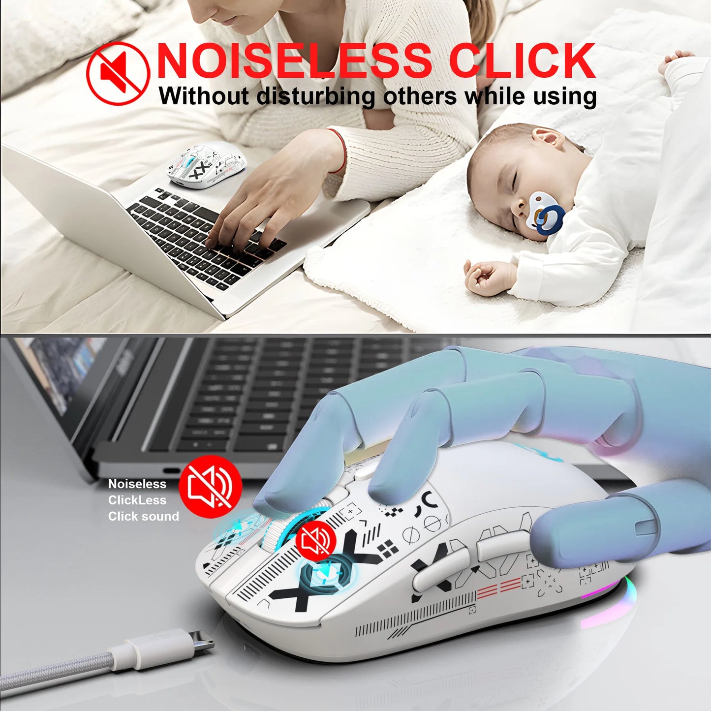 HXSJ T90 Bluetooth Gaming Mouse, 3 Modes Wireless Rechargeable RGB Gaming Mouse, Bluetooth 5.3 & 2.4G USB Gaming Mouse for PC, Laptop, Mac, iPad & Tablet