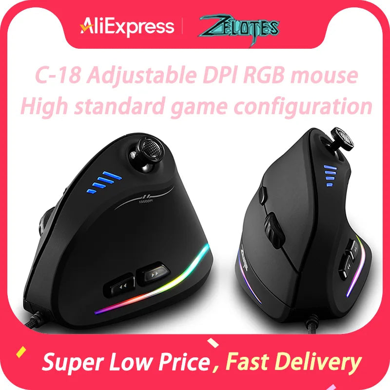 ZELOTES C-18 vertikalni miš s 11 tipki, optički miš s RGB joystickom, programabilni laserski gaming miš za PC računalo i gamere