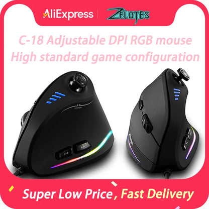 ZELOTES C-18 vertikalni miš s 11 tipki, optički miš s RGB joystickom, programabilni laserski gaming miš za PC računalo i gamere