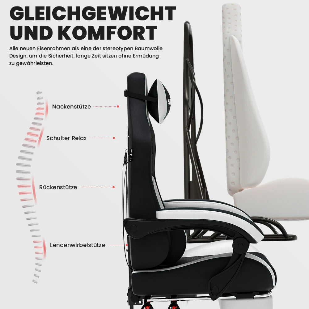 SUKIDA Ergonomischer Racing-Gaming-Stuhl, verstellbar und drehbar, mit Kopfstütze und Lendenwirbelstütze für Büro und Gaming