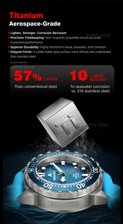 NORTH EDGE TRITON-TI Titanium Stainless Solar-Powered Diving Watch Luxury Quartz Watches For Men 300M Waterproof 180+ Day Power