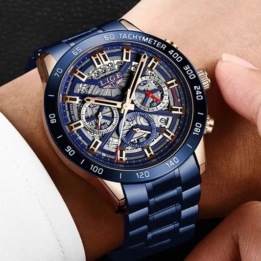 Pánské hodinky LIGE – luxusní hodinky renomované značky, prolamovaný model, quartzový chronograf, vodotěsné a sportovní
