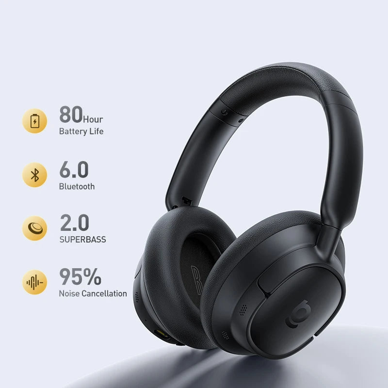 Baseus Bass BH1 NC Lite ANC Wireless Headphones Bluetooth 6.0 Noise Cancelling Headset 80H Battery Over Ear Earphones