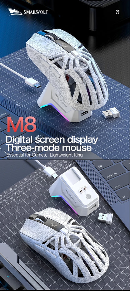 SMAILWOLF M8 Wireless Bluetooth Tri-Mode Gaming Mouse, 12000 DPI Lightweight RGB Gaming Mouse with PAW3311 Sensor, Magnetic Charging Dock