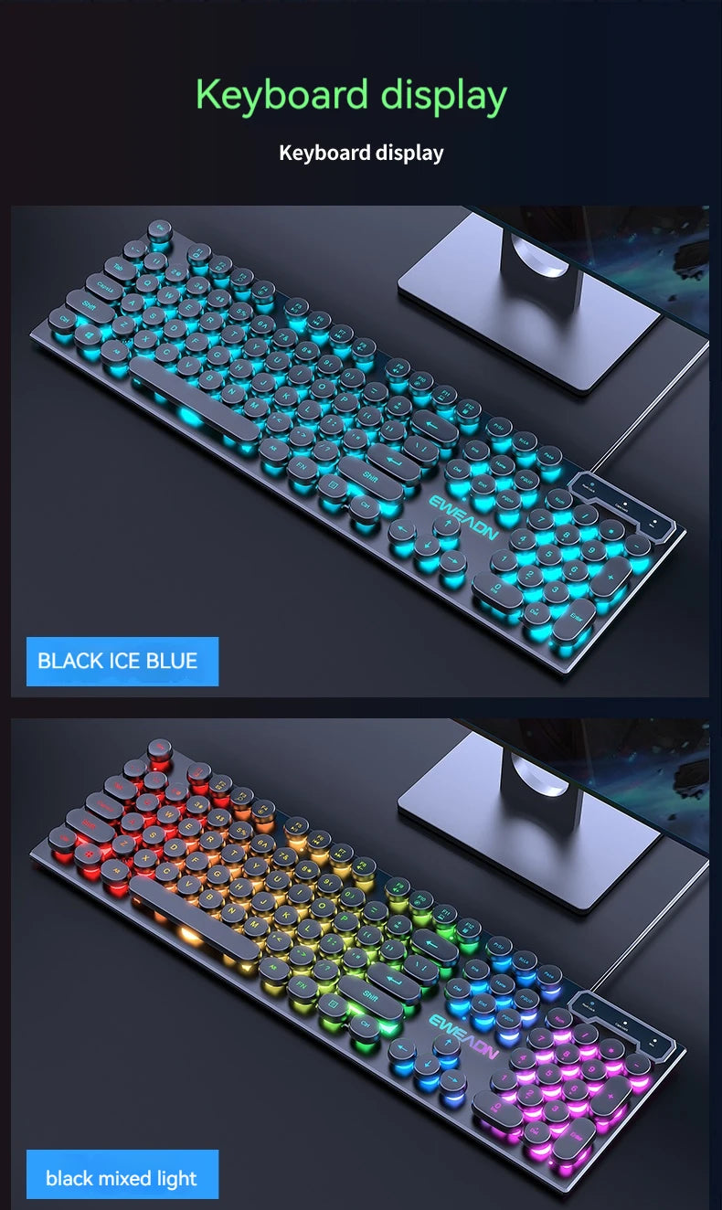 EWEADN GX330 Typewriter Gaming Keyboard 104 Keys Wired Retro Keyboard with RGB Backlit, Round Keycaps, USB Mechanical Style Keyboard for PC & Laptop