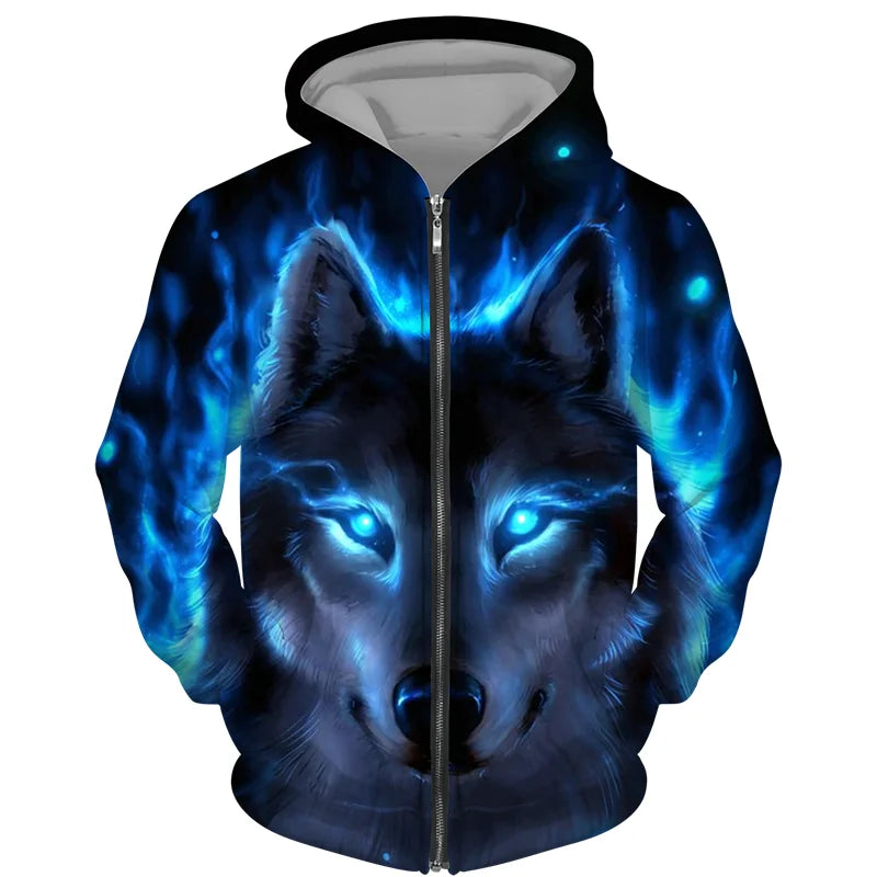 Sweat à capuz com fecho e estampado 3D de lobo, estilo streetwear, para homem/mulher, casaco com capuz unissexo casual hip-hop
