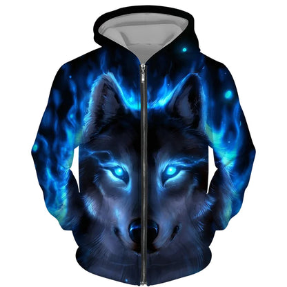 Sweat à capuz com fecho e estampado 3D de lobo, estilo streetwear, para homem/mulher, casaco com capuz unissexo casual hip-hop