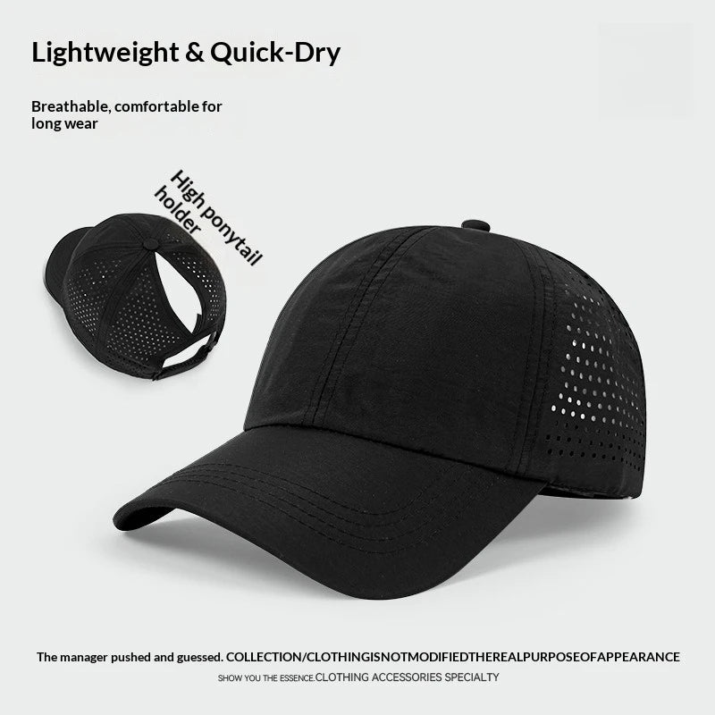 1 unidad de gorras de béisbol con lengüeta de secado rápido para mujer, protección de verano, malla transpirable, gorra transpirable, elegante y ajustable, ideal para llevar la coleta.