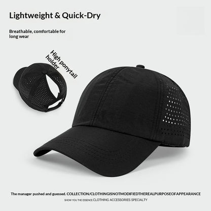 1 unidad de gorras de béisbol con lengüeta de secado rápido para mujer, protección de verano, malla transpirable, gorra transpirable, elegante y ajustable, ideal para llevar la coleta.