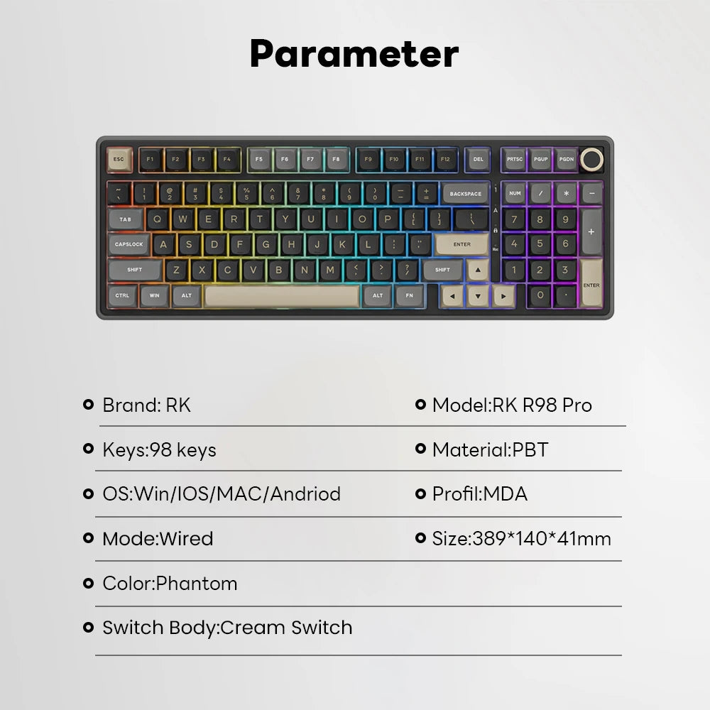 RK ROYAL KLUDGE R98Pro Gasket kabelgebundene mechanische Tastatur, 98 Tasten, RGB, Hot-Swap-fähig, abnehmbarer Button, Gaming-Tastatur mit PBT-Tastenkappen