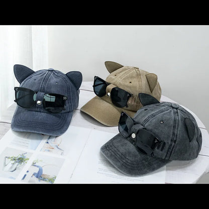 New Cat Ears Sunglasses Baseball Cap Y2K Cotton Washed Pilot Snapback Caps Gorras Women And Men Outdoor Sunshade Sun Hats Unisex
