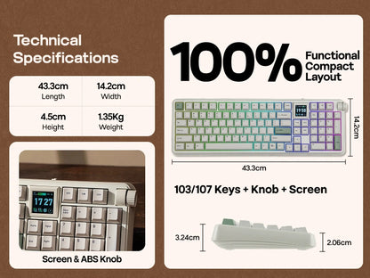 EPOMAKER RT100 PRO 100% ANSI US Layout Gasket Wired/Bluetooth/2.4Ghz Wireless Mechanical Keyboard 1.54” Screen & Volume Knob