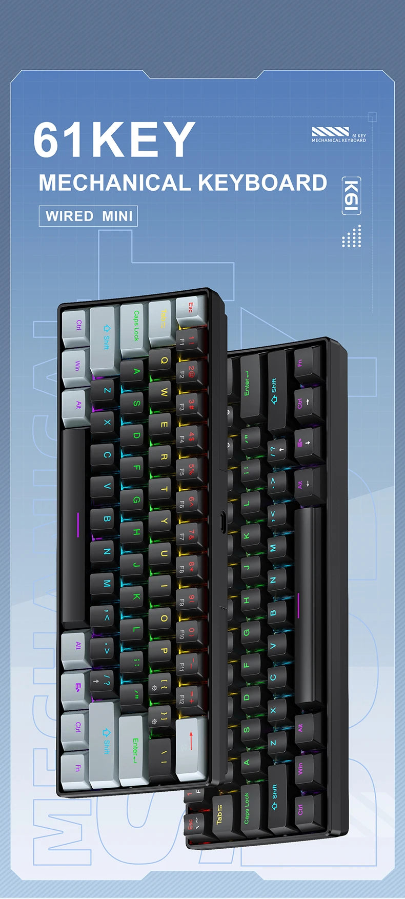 APAYADO K61 Mini Mechanical Keyboard 61-Key Wired Gaming Keyboard with Hot-Swappable Red/Blue Switches, RGB Backlit 60% Compact Mechanical Keyboard